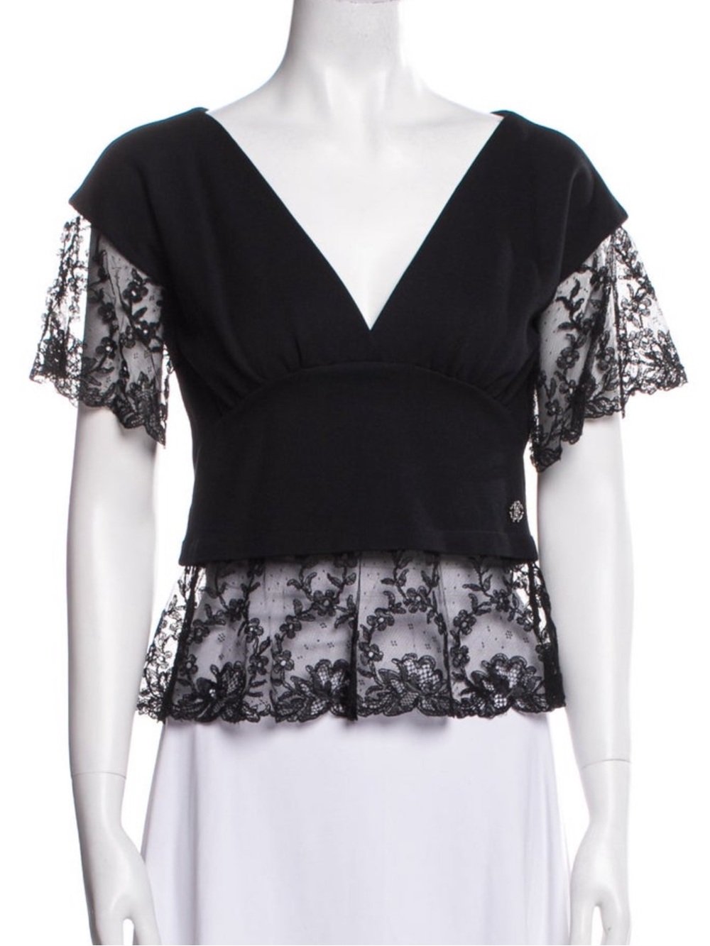 Roberto Cavalli Black Lace Trim V-Neck Top